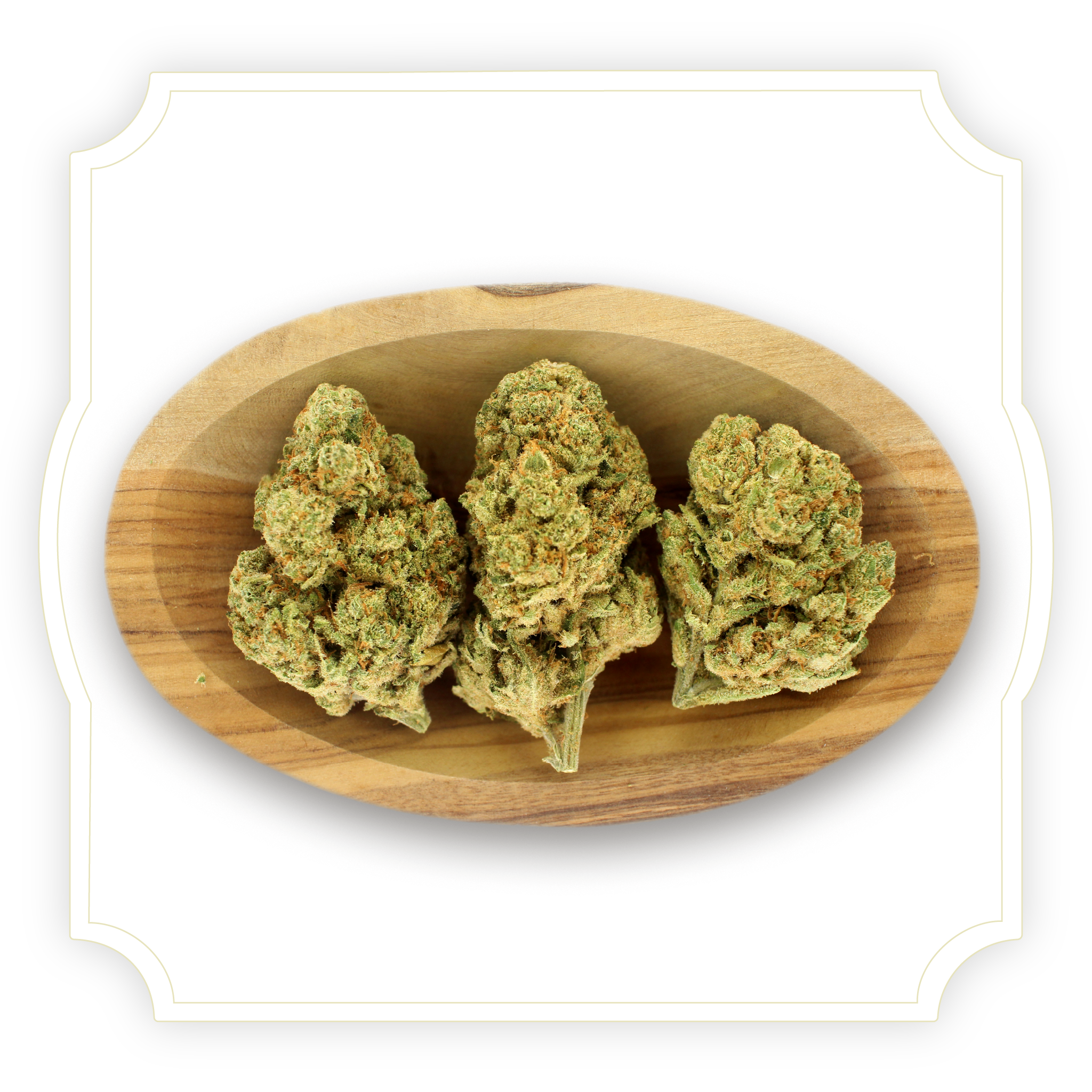 Amnesia Hypro CBD flower in wooden bowl with white background