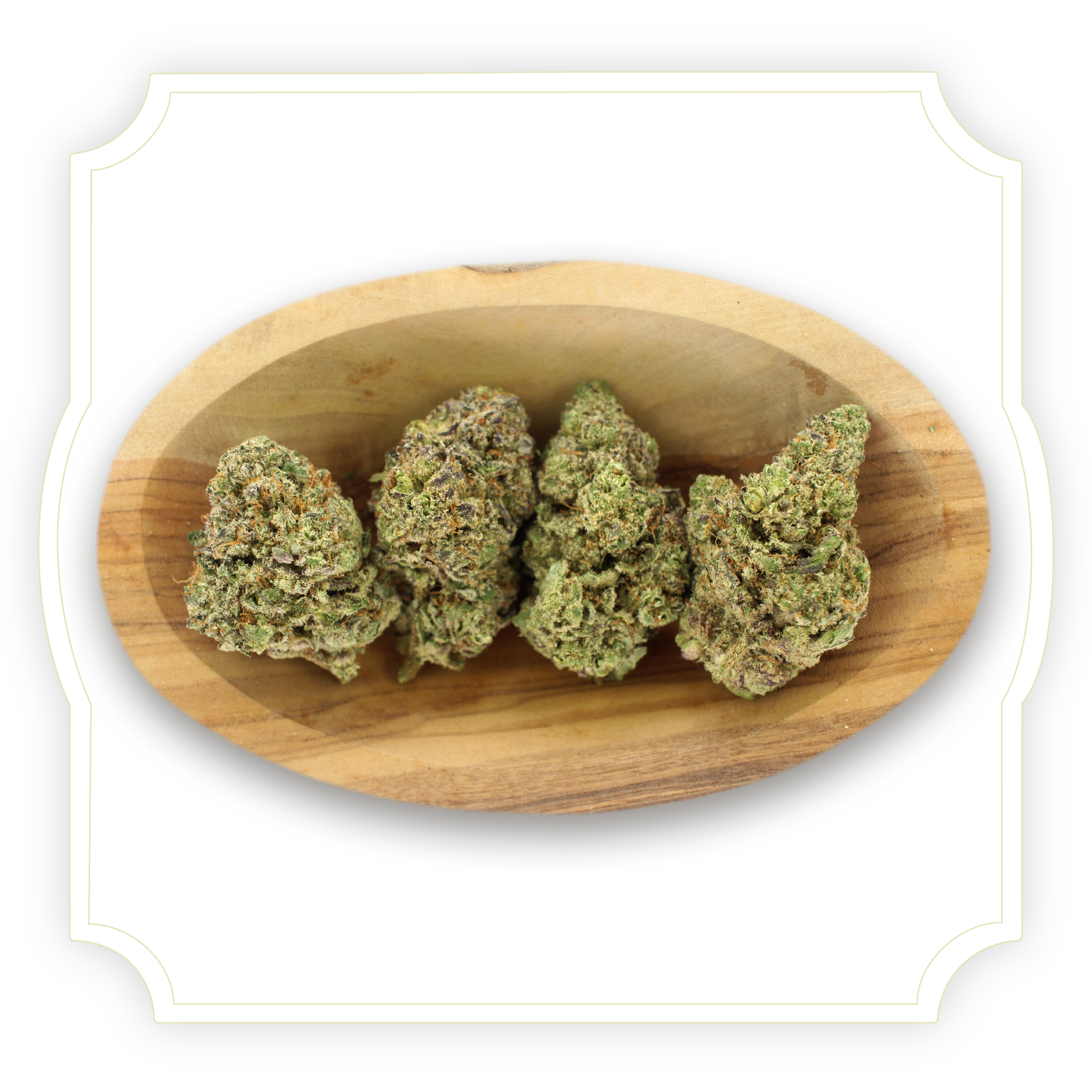 Drizzle CBD flower in wooden bowl on white background