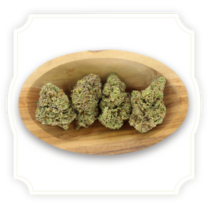 Drizzle CBD flower in wooden bowl on white background