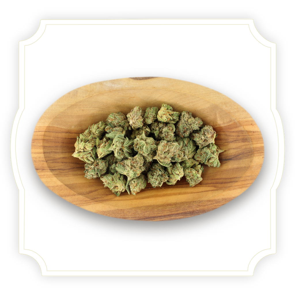 Smalls CBD flower in wooden bowl on white background