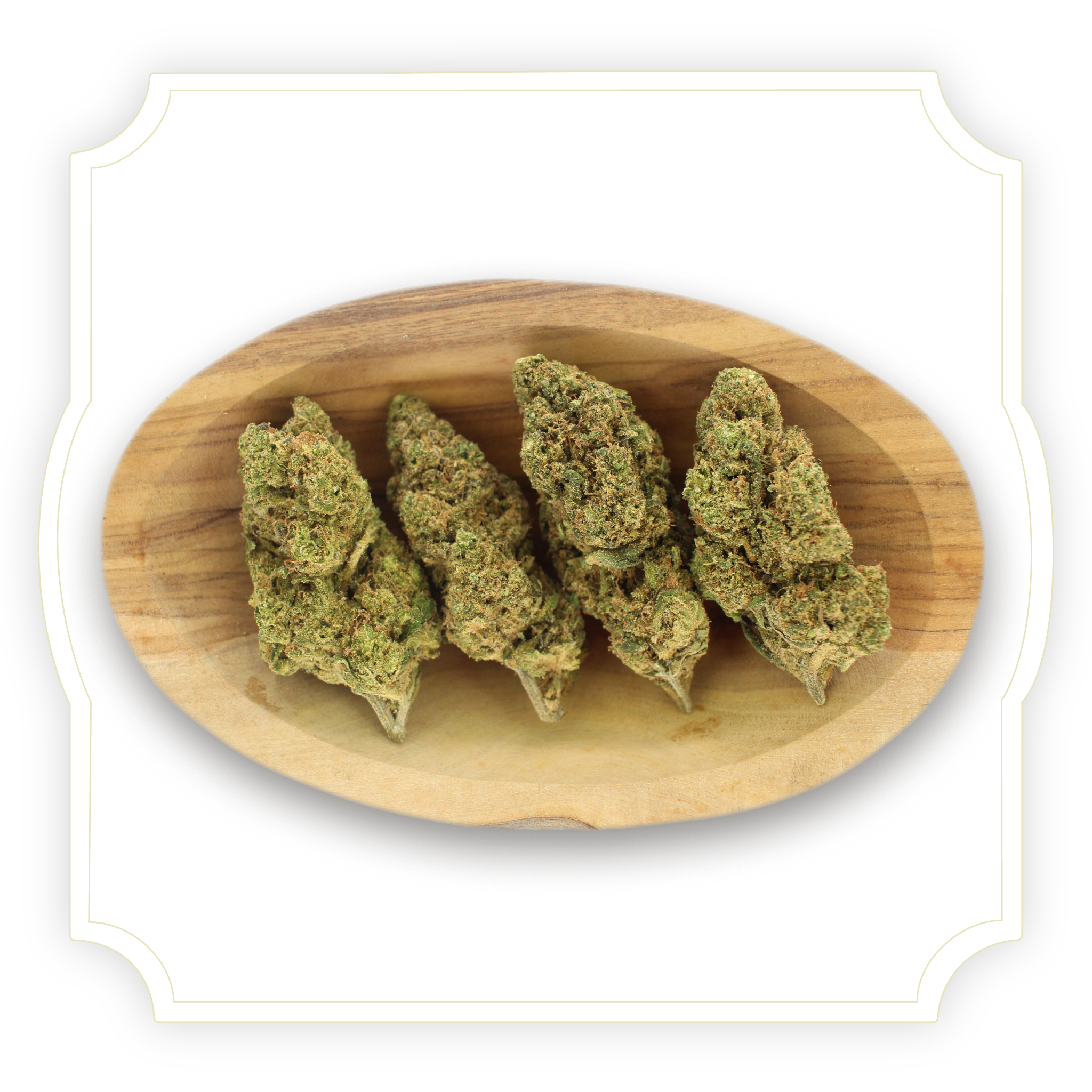 Rambo Cheese CBD flower in wooden bowl on white background