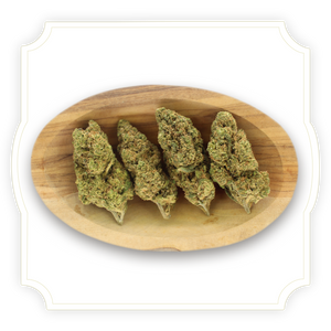 Rambo Cheese CBD flower in wooden bowl on white background